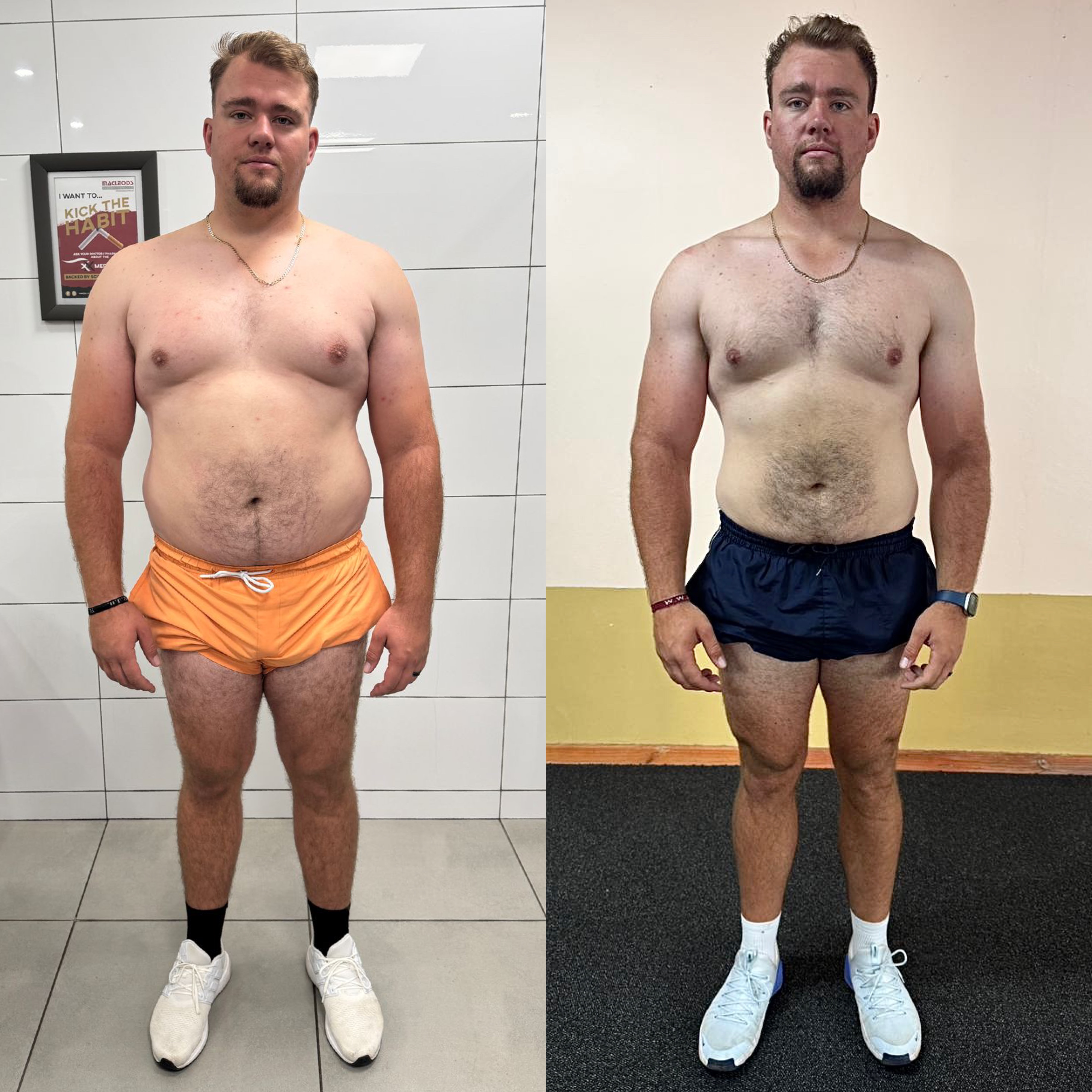 Client transformation — 12 weeks · −20kg fat loss